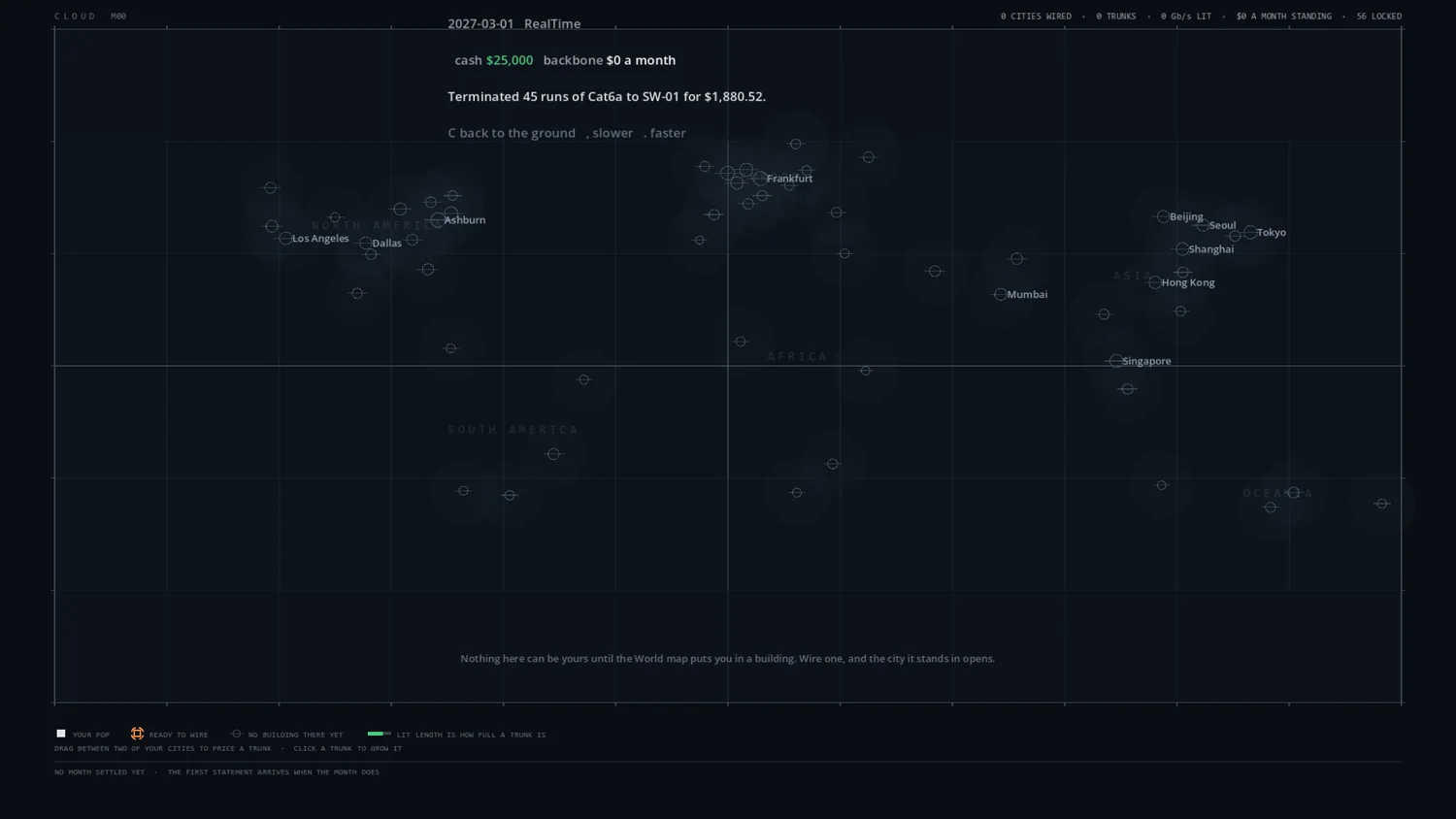 The Cloud map: world geography as a dark grid with unwired carrier facilities marked in every metro, and a status line reading zero cities wired.