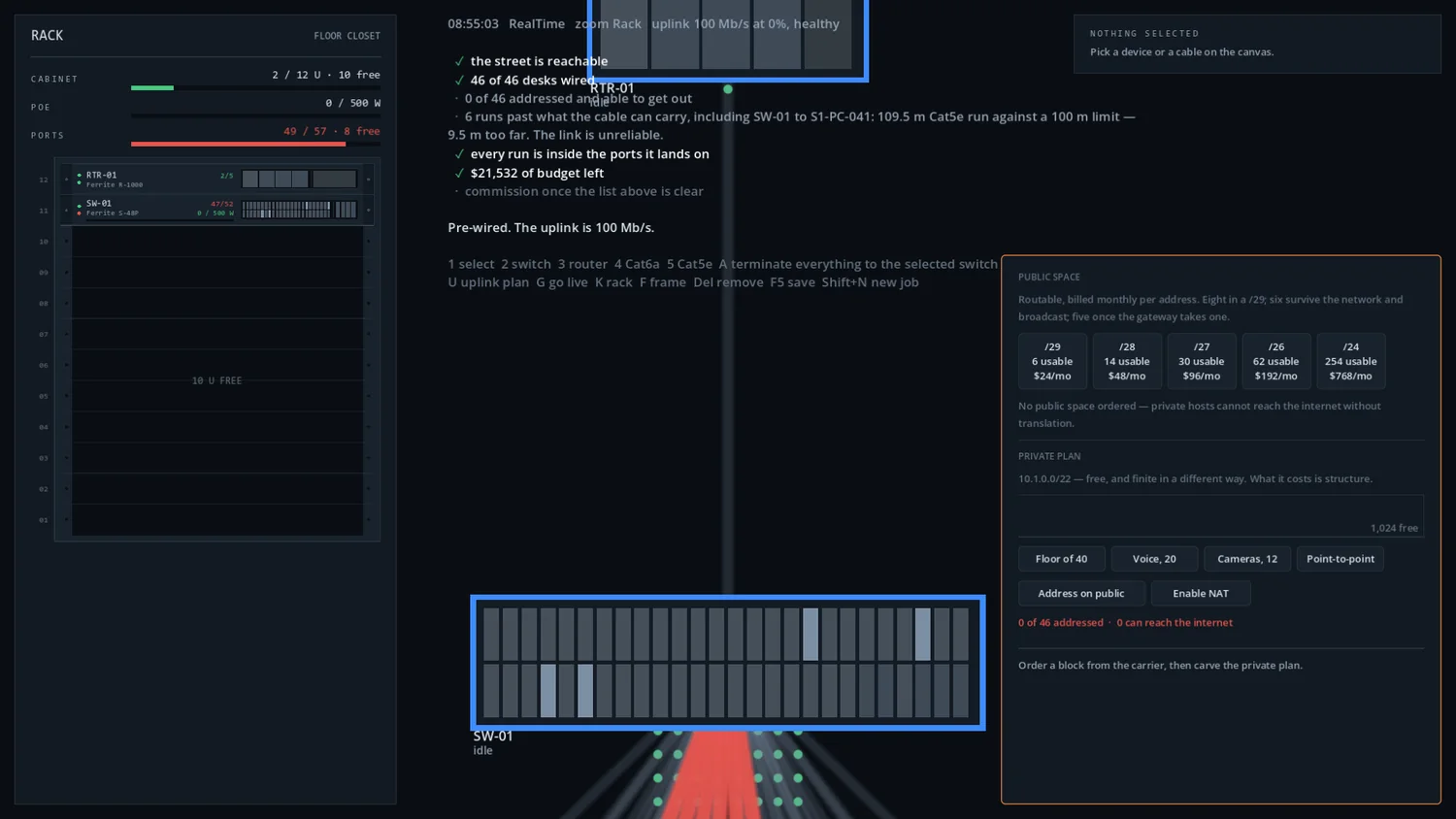 The rack view: a twelve-unit cabinet with a router and a 48-port switch installed, showing 2 of 12 U used, 0 of 500 W of PoE drawn, and 49 of 57 ports occupied.